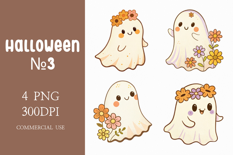 Cute Floral Halloween Ghosts Clipart