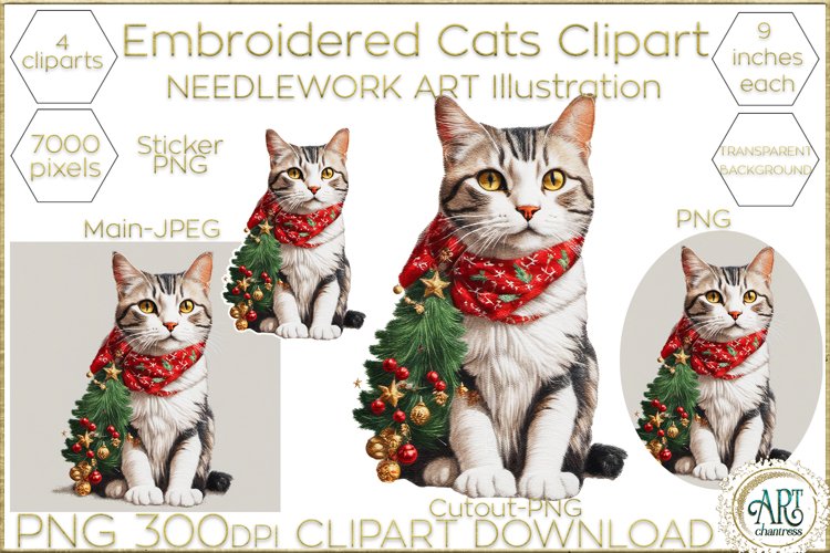 Christmas Embroidered Cat clipart Needlework Art PNG JPEG