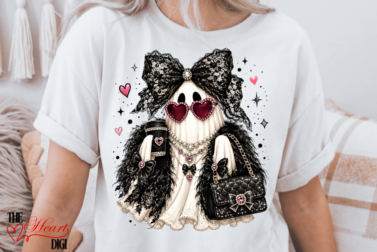 Glam Ghost PNG, Preppy Black Lace Ghost Sublimation