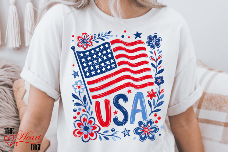 USA Flag PNG, Floral USA Day PNG, Cute USA T-shirt Design