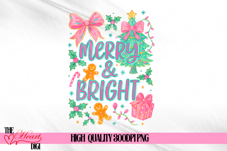 Preppy Merry & Bright PNG, Pink Christmas Festive Sublimate
