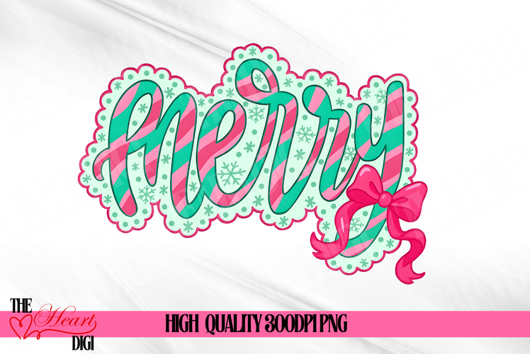 Merry PNG, Peppermint Merry Christmas PNG, Coquette Bow PNG