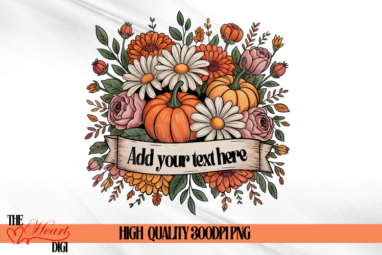Floral Pumpkin Ribbon PNG, Vintage Flowers Pumpkin Png