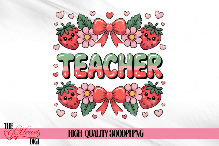 Preppy Teacher Strawberry PNG, Coquette Teacher PNG,