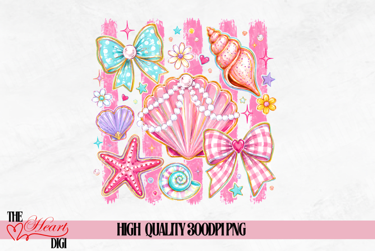 Girly Beach Sublimation Design, Coquette Shells PNG