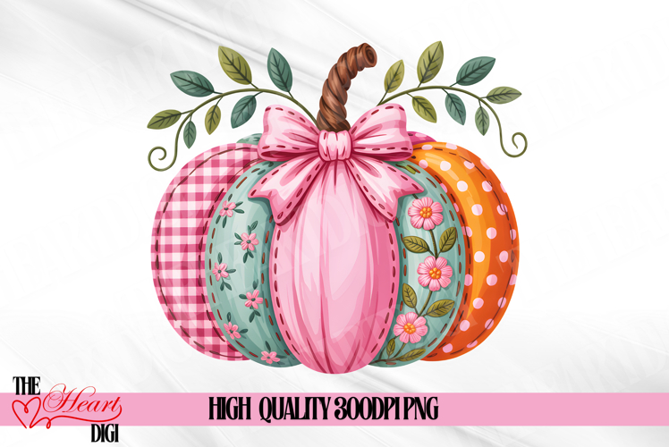Preppy Coquette Pumpkin PNG, Preppy Patchwork Pumpkin PNG