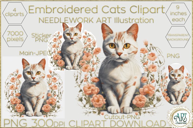 Embroidered cat clipart Needlework Art Illustration PNG JPG