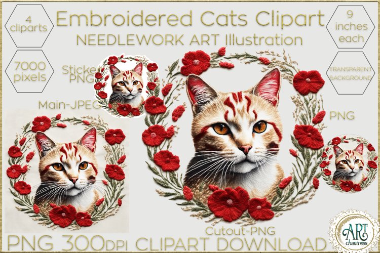 Embroidered cat clipart Needlework Art Illustration PNG JPG