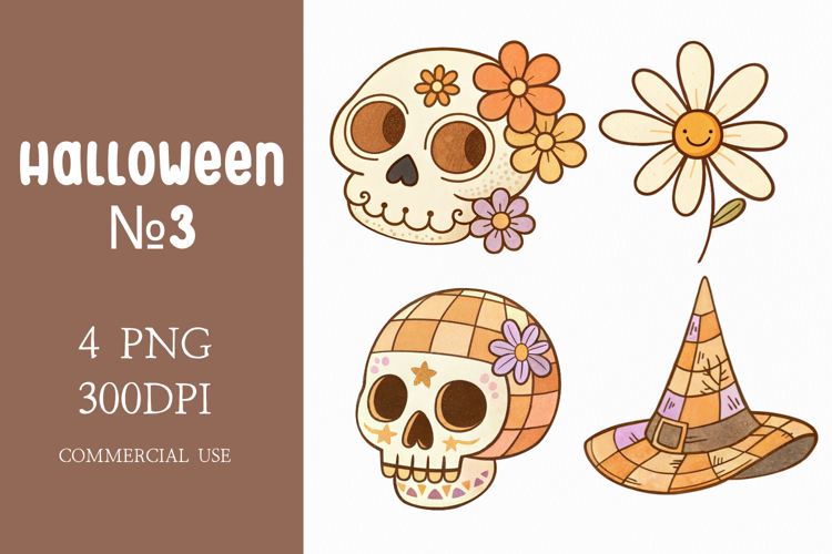 Boho Halloween Clipart Skulls, Flowers, Witch Hat
