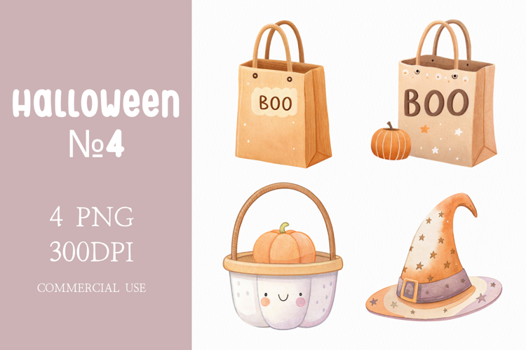 Halloween Trick or Treat Bag Clipart Watercolor PNG Set