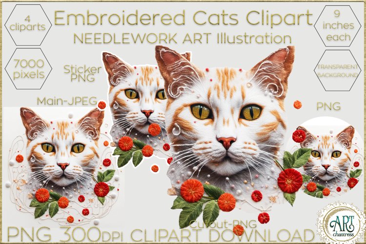 Embroidered cat clipart Needlework Art Illustration PNG JPG example image 1