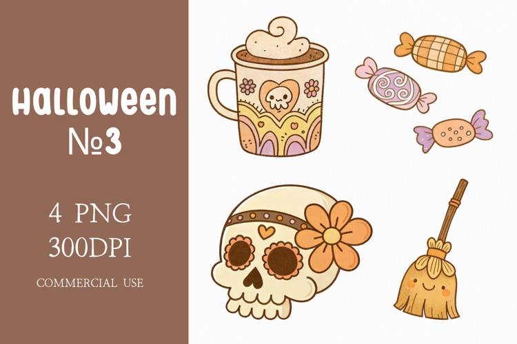 Boho Halloween Clipart Skull, Candy, Broom & Mug