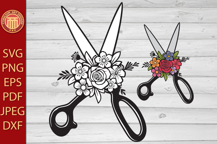 Scissors with flowers - eps, dxf, jpg, svg, pdf, png files