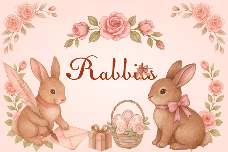 Vintage Watercolor Rabbits Clipart Hand-Painted Illustration