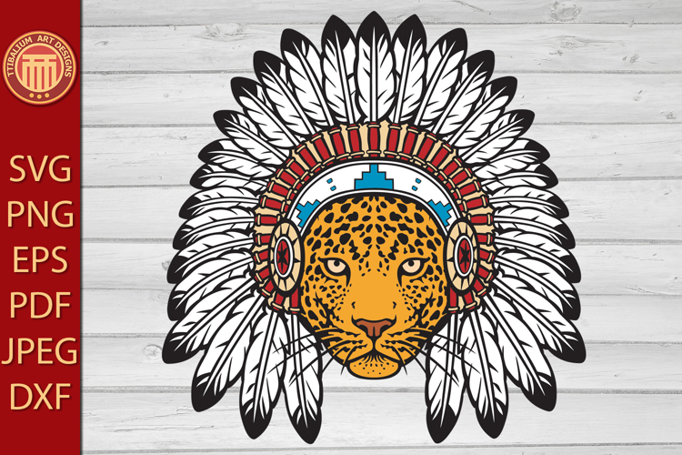 Jaguar Head with Native American Chief Headdress