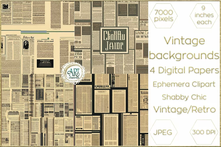 Vintage Retro Old Newspapers Digital Papers Bohemian Shabby