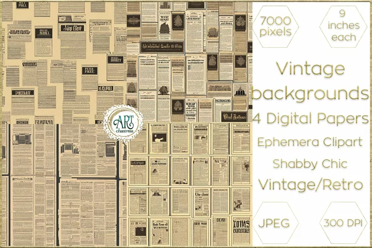 Vintage Retro Old Newspapers Digital Papers Bohemian Shabby