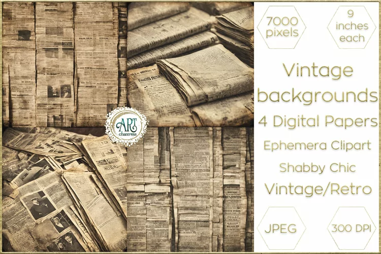 Vintage Retro Old Newspapers Digital Papers Bohemian Shabby