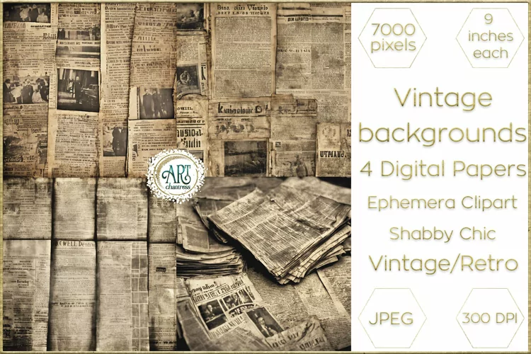 Vintage Retro Old Newspapers Digital Papers Bohemian Shabby