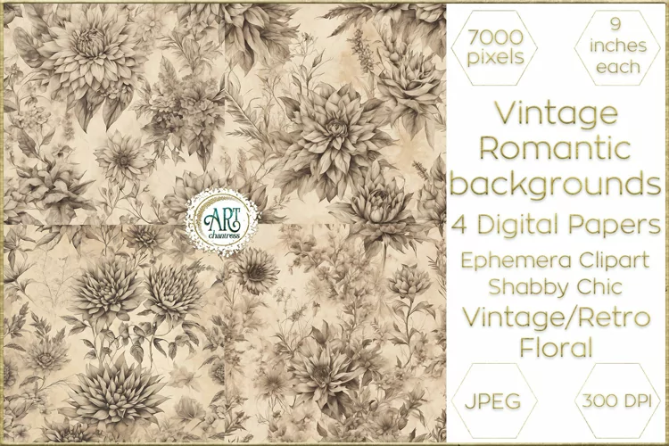 Vintage Floral Sketch Elegant Decor Digital Papers Retro art