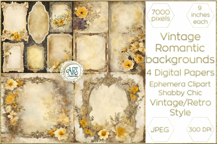 Watercolor Vintage Butterscotch Floral Frame Digital Papers