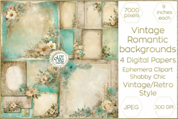 Watercolor Vintage aquamarine Floral Frame Digital Papers