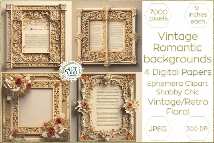 Vintage Retro Floral Frame Digital Papers cutout backgrounds