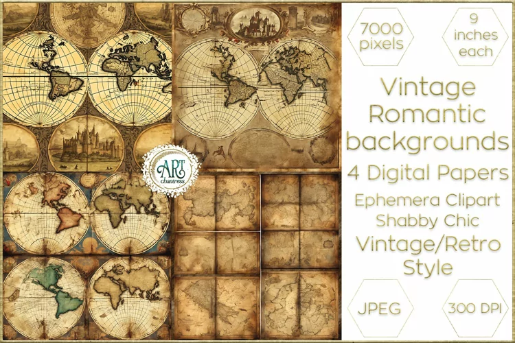 Vintage Fantasy Watercolor Old Map Frame Digital Paper Decor