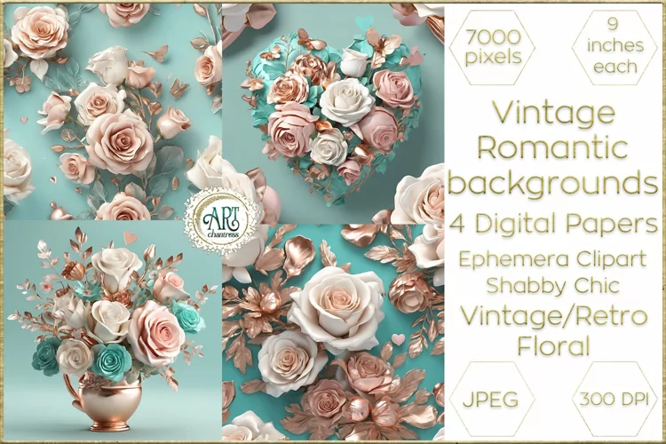 Valentine Aqua Gold Pink Digital Papers Shabby Chic Florals