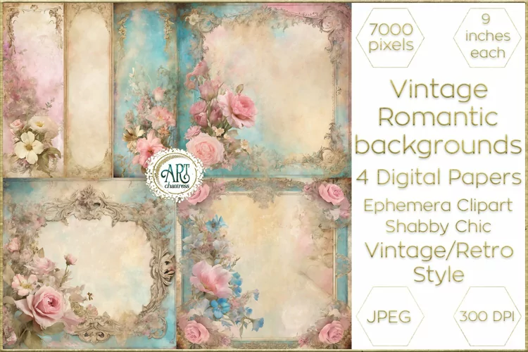 Watercolor Vintage Azure Floral Frame Papers Digital Paper