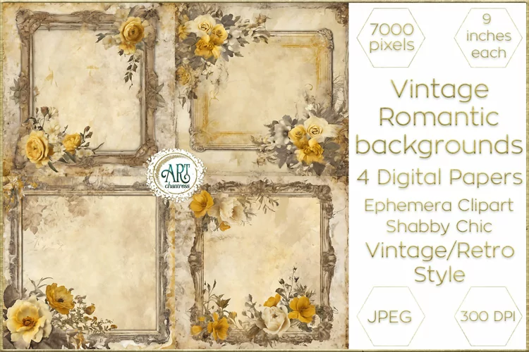 Watercolor Vintage Butterscotch Floral Frame Digital Papers