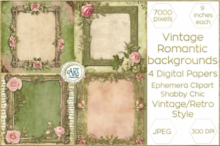 Vintage Watercolor Floral Frame Digital Paper Ephemera Decor