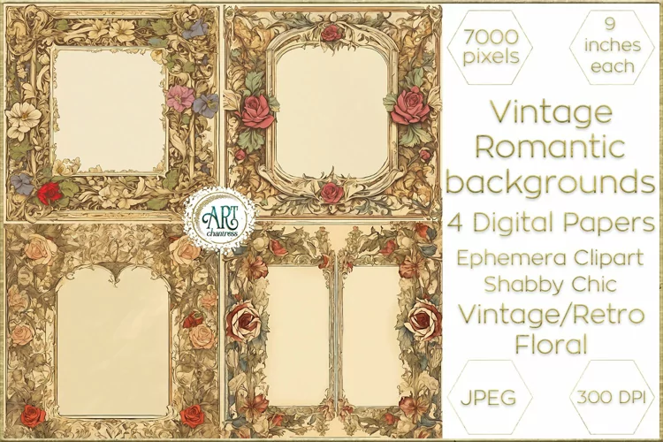 Vintage Retro Floral Frame Digital Papers cutout backgrounds