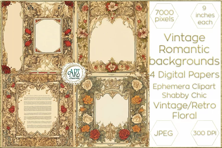 Vintage Retro Floral Frame Digital Papers cutout backgrounds