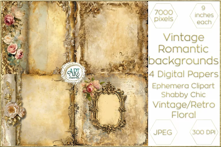 Watercolor Vintage Butterscotch Floral Frame Digital Papers