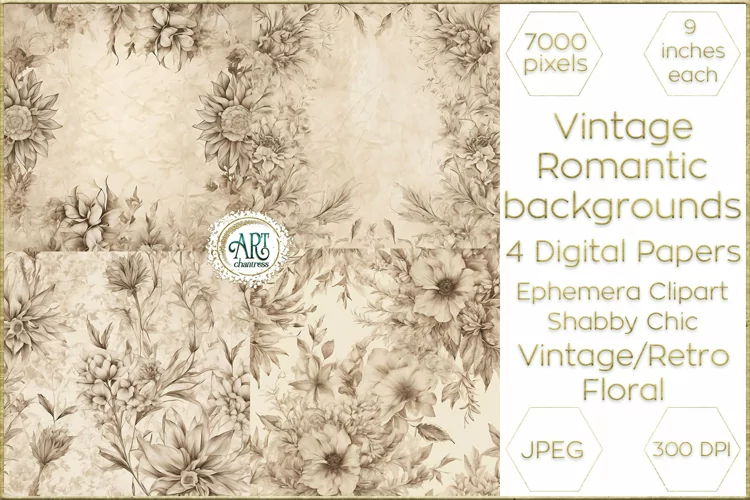 Vintage Floral Sketch Elegant Decor Digital Papers Retro art