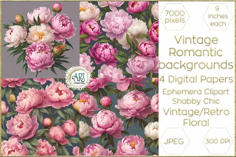 Vintage Floral watercolor Elegant pink peonies Digital Paper