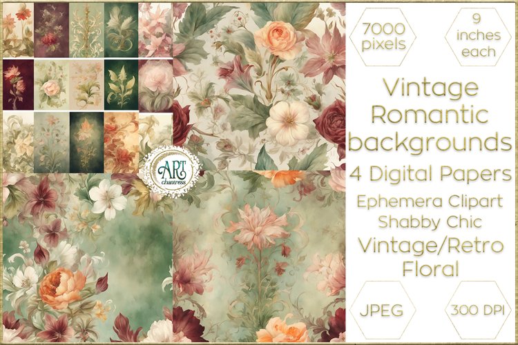 Vintage Floral watercolor Elegant pink peonies Digital Paper