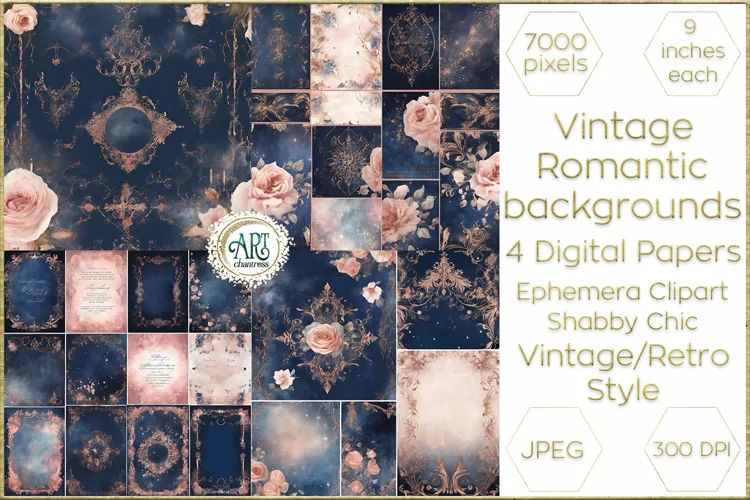 Vintage Classic digital papers Bohemian navy and pink decor