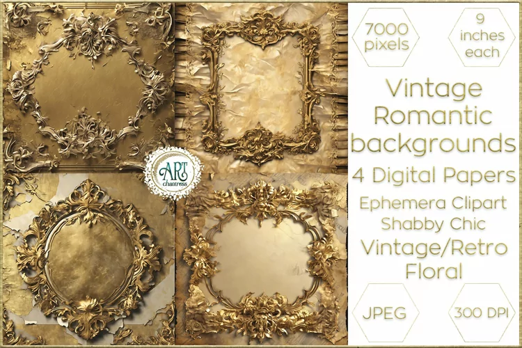 Vintage Fantasy Old Frames Gold Graphics Digital Paper Decor