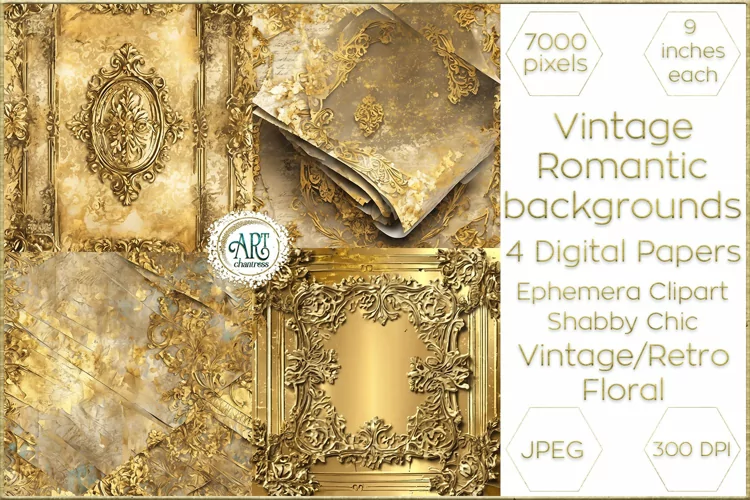 Vintage Butterscotch Gold Floral Frame Digital Papers Chic