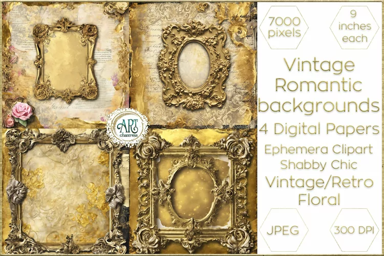 Vintage Fantasy Old Frames Gold Graphics Digital Paper Decor