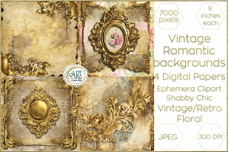 Vintage Fantasy Old Frames Gold Graphics Digital Paper Decor
