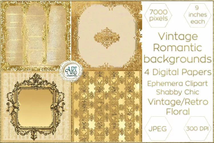 Vintage Butterscotch Gold Floral Frame Digital Papers Chic