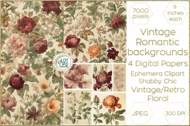 Watercolor Vintage Old Book Pages Floral Digital Paper Decor