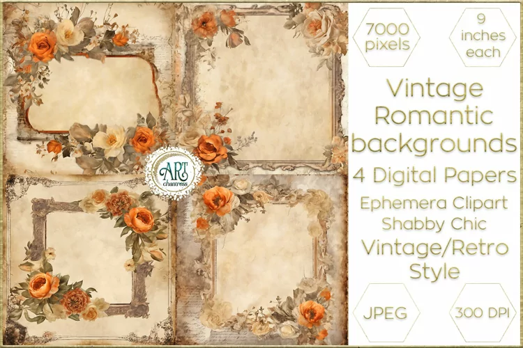 Watercolor Vintage Digital Paper Shabby Chic Bohemian Flower