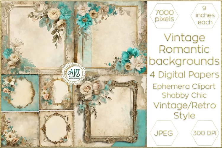 Watercolor Vintage Pastel Cyan Digital Paper Shabby Chic