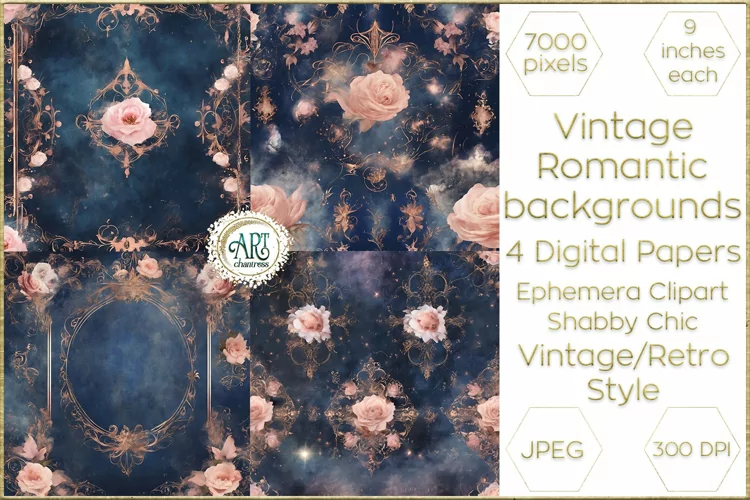 Watercolor Vintage Navy Pink Digital Paper Roses Graphics