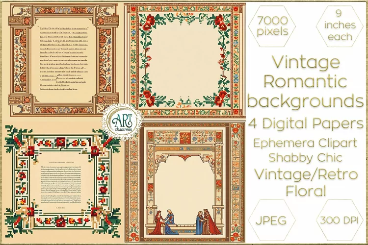 Vintage Classic digital papers Bohemian Flowers old textures