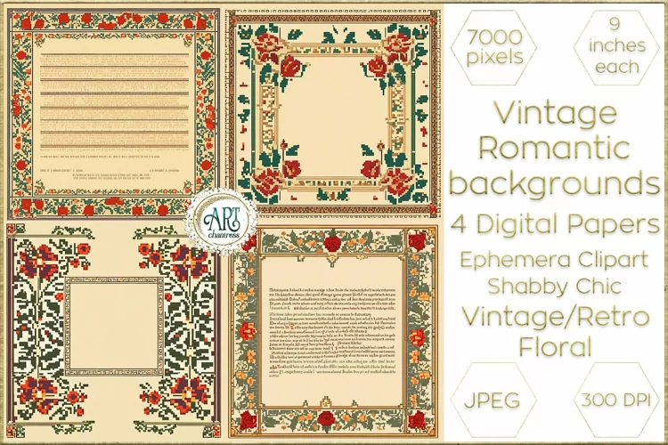 Vintage Retro Floral Frame Digital Papers cutout backgrounds